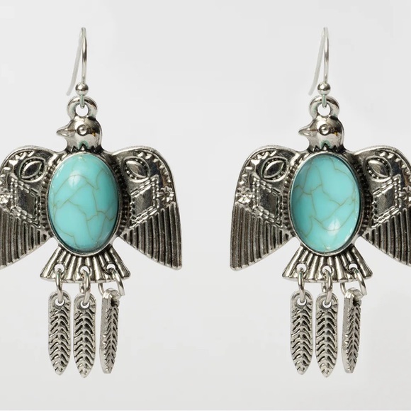 Turquoise Stone Feather Silver Bird Earrings - Picture 6 of 16